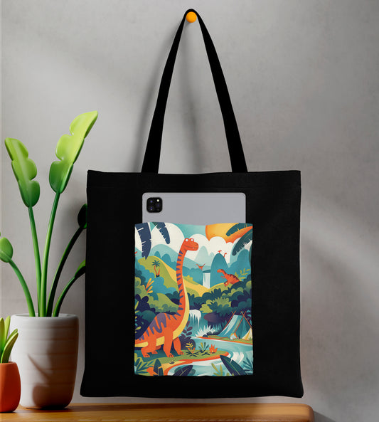Dinosaur in a jungle vector Art Design Printed Black Patch With Pocket Tote Bag (14 X 16 Inches) For Shopping, College, Travel