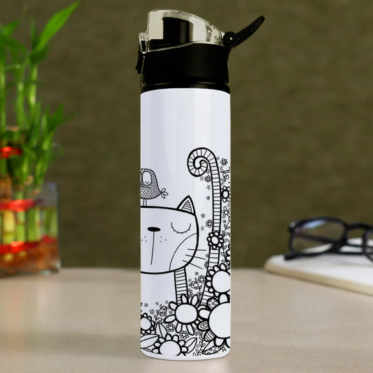 Black in white doodle art cat and birds Printed Flip Flop Water Bottle 750 ml For Gym, Yoga, Kids, Boys, Girls, Brother, Sister, Babies, Baby, Workout, Adults