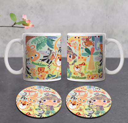Colorful hand drawn animal zoo illustration Combo Mugs and Coaster(Set of 2 Mugs and 2 coasters) 330 ml Coffee Mug
