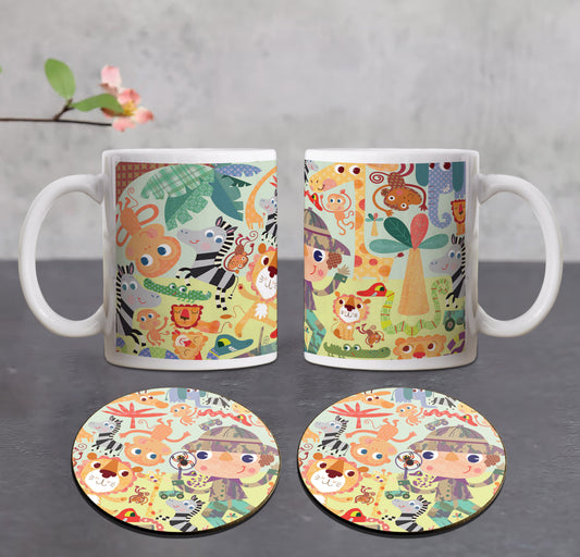 Colorful hand drawn animal zoo illustration Combo Mugs and Coaster(Set of 2 Mugs and 2 coasters) 330 ml Coffee Mug