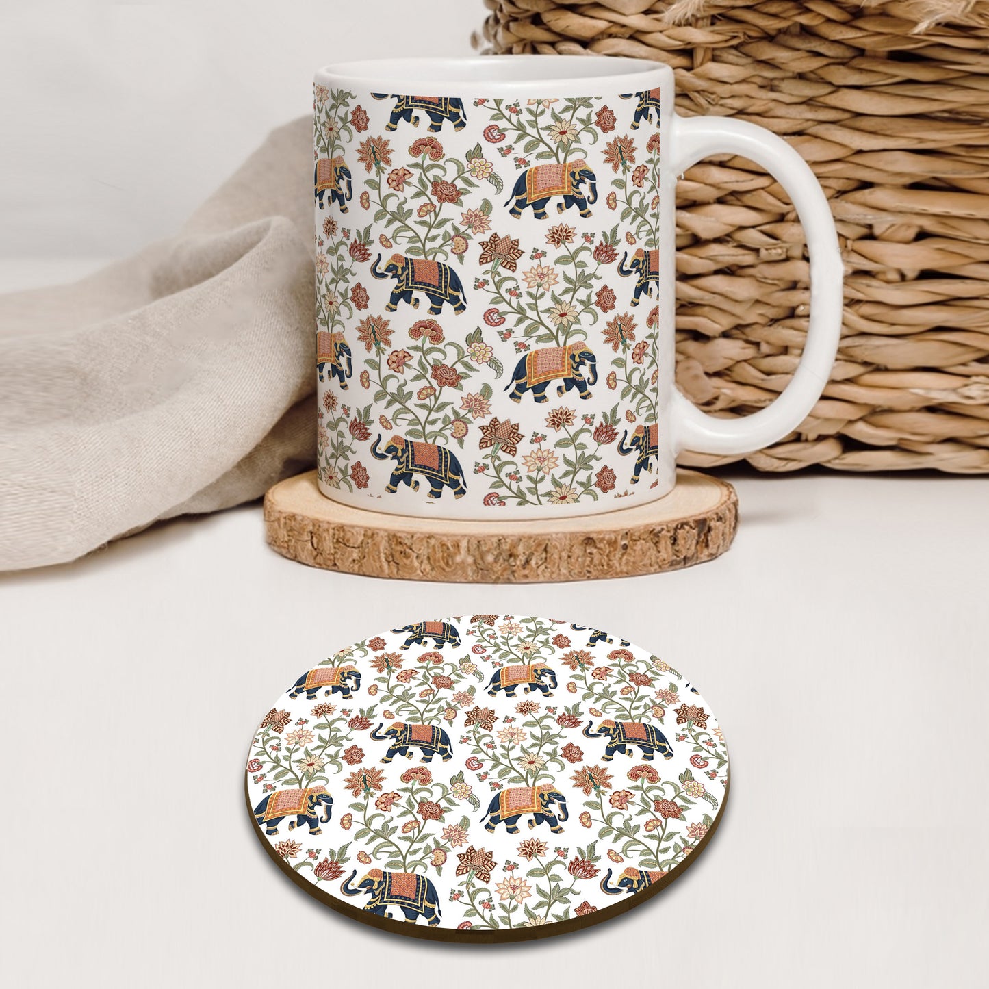 Indian Elephants and Flowers Seamless Pattern Mug and Coaster 330 ml Coffee Mug