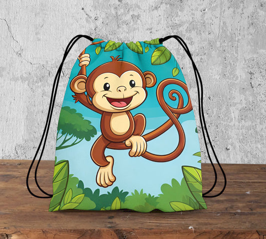 Cute Monkey Hanging on Tree Pattern Polyester String Backpack Bags for kids for Gym, Yoga, Tuition ,Beach Bag for 4-10 year boys and girls
