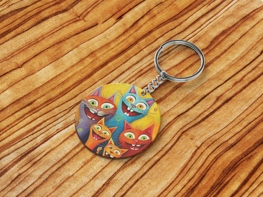 Cartoon cat group watercolor Artwork Printed Round Circle Shape Wooden Keyring with Chain