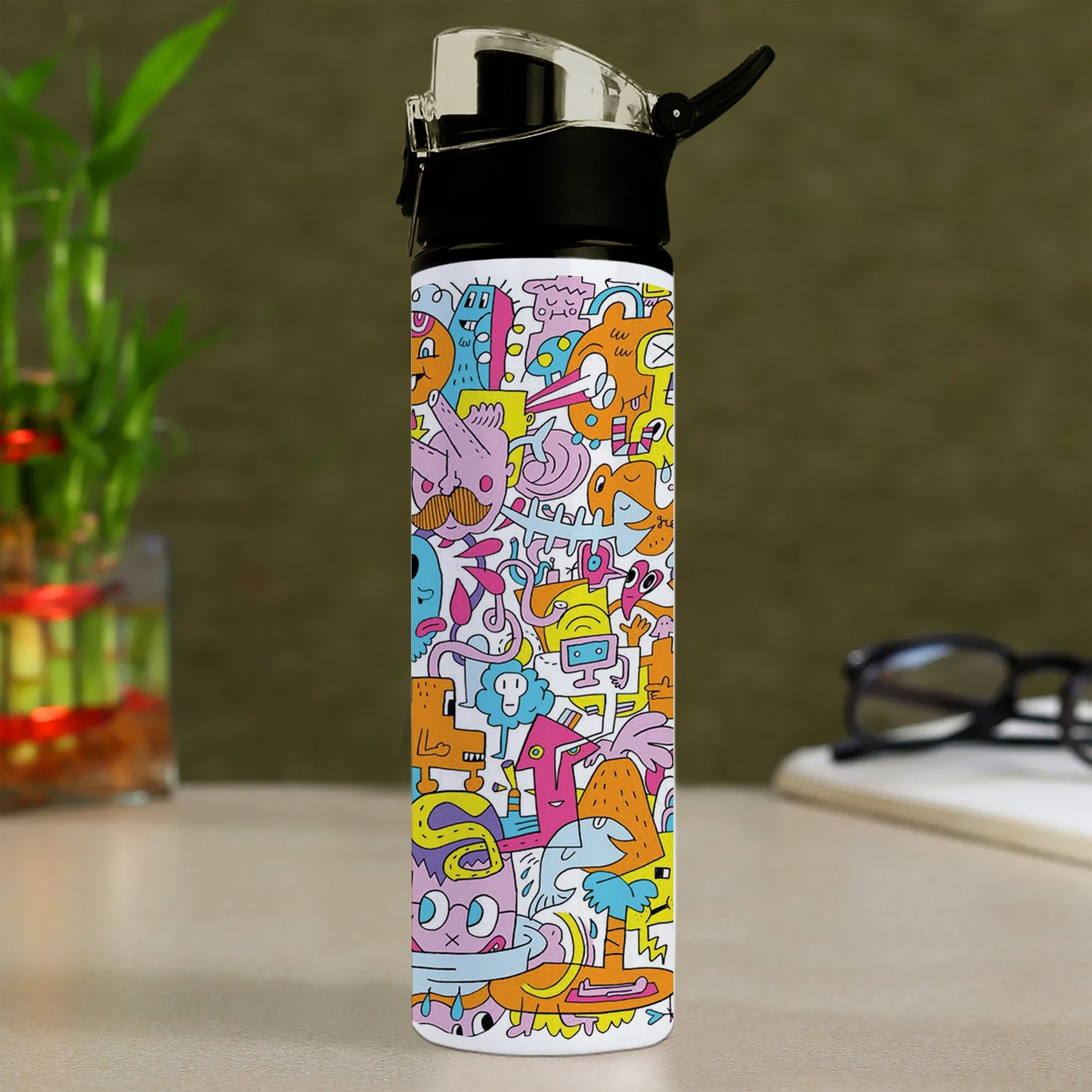 A colorful illustration of a group of people with different faces and the words Printed Flip Flop Water Bottle 750 ml For Gym, Yoga, Kids, Boys, Girls, Brother, Sister, Babies, Baby, Workout, Adults