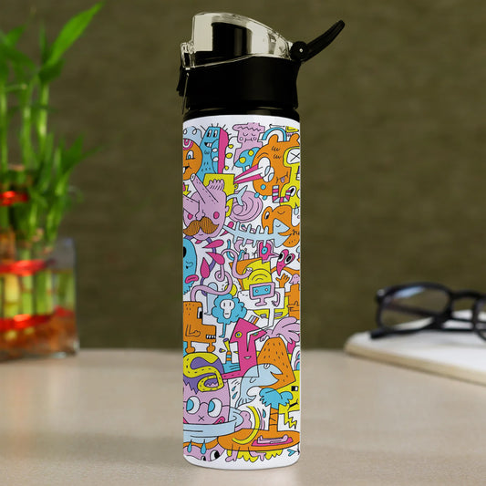A colorful illustration of a group of people with different faces and the words Printed Flip Flop Water Bottle 750 ml For Gym, Yoga, Kids, Boys, Girls, Brother, Sister, Babies, Baby, Workout, Adults