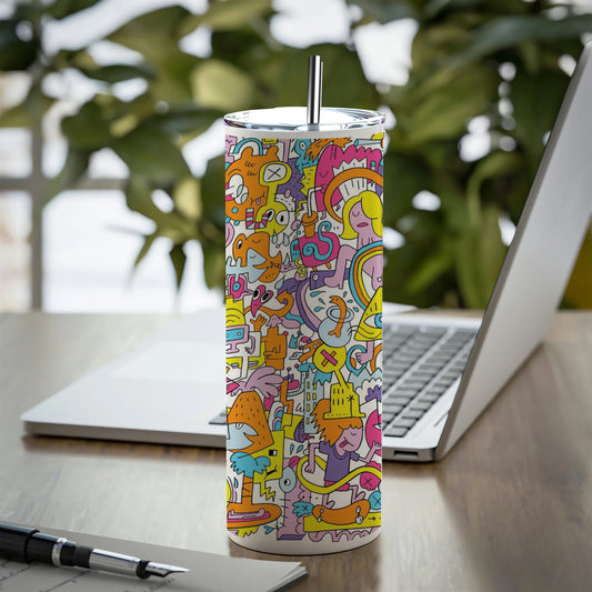 A colorful illustration of a group of people with different faces and the words Printed 750ML with Lid Leak Proof Travel Tumbler with Straw