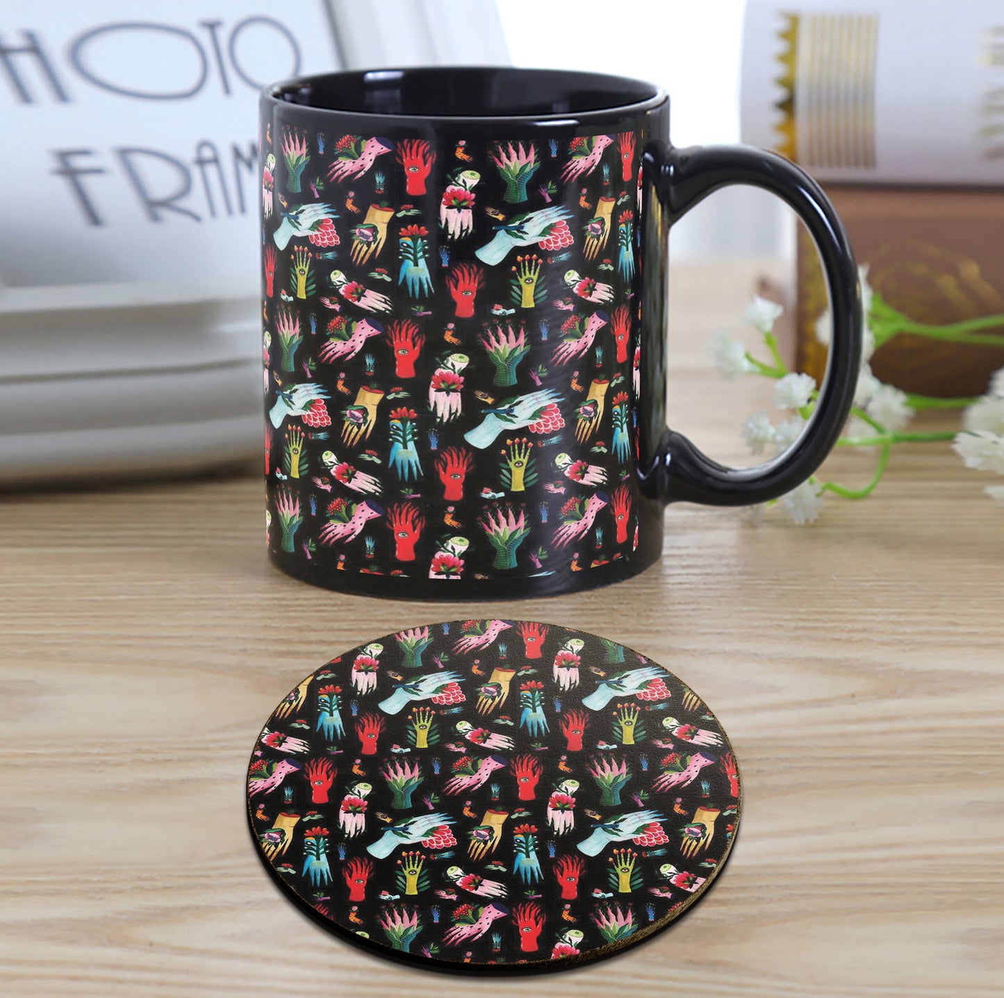 All Seeing Eye Pattern Design Full Black 330 ml Coffee Mug with Coaster