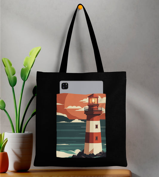 Lighthouse and sunset vector Design Printed Black Patch With Pocket Tote Bag (14 X 16 Inches) For Shopping, College, Travel