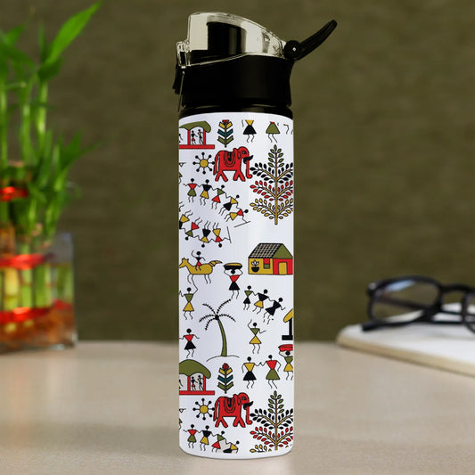 Hand drawn traditional the ancient tribal art India Printed Flip Flop Water Bottle 750 ml For Gym, Yoga, Kids, Boys, Girls, Brother, Sister, Babies, Baby, Workout, Adults