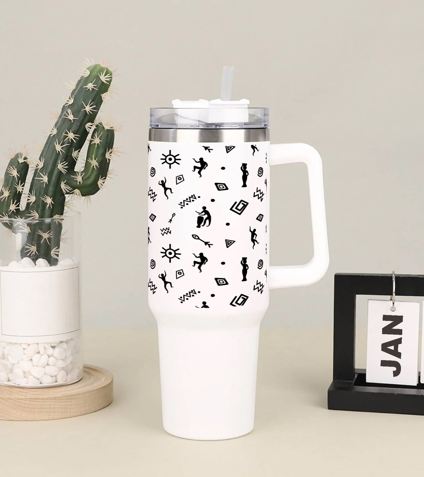 Nice flat african patterns design Printed 850ML with Lid Leak Proof Big Travel Tumbler with Handle and Straw
