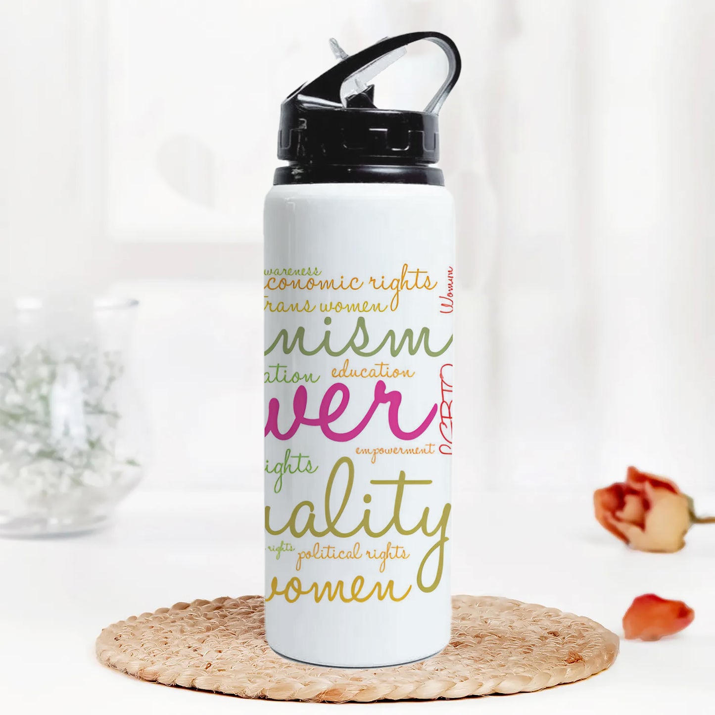 Girl Power word cloud typography pattern Printed Black Nozzle Water Bottle 750 ml For Gym, Yoga, Kids, Boys, Girls, Brother, Sister, Babies, Baby, Workout, Adults