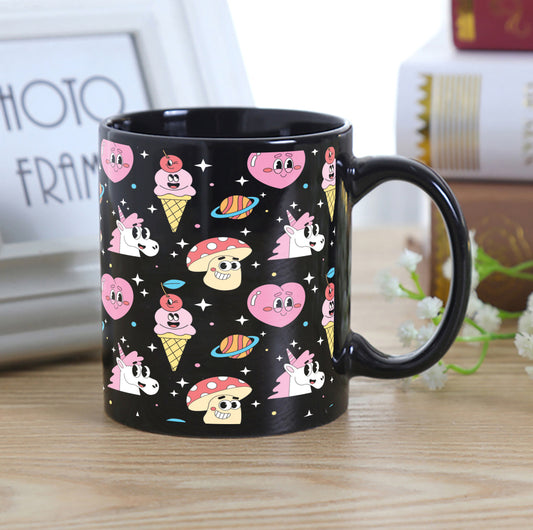 Hand drawn flat trendy cartoon pattern Full Black 330 ml Coffee Mug