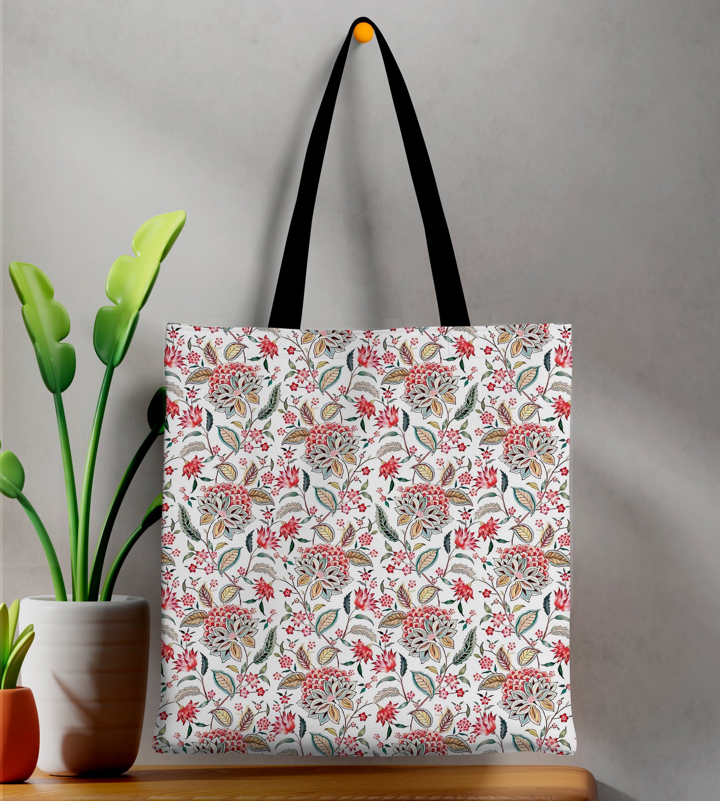 Beautiful Floral Printed Black Handle Tote Bag (14 X 16 Inches) For Shopping, College, Travel