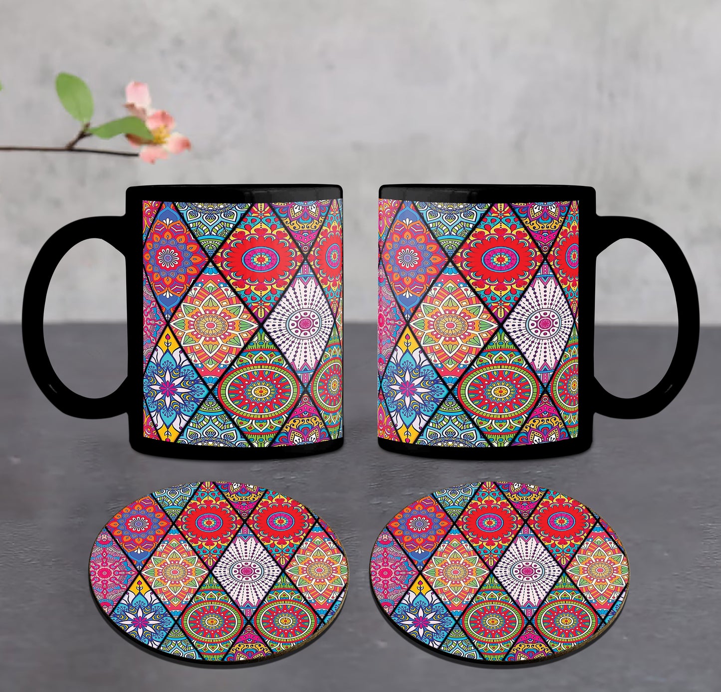 Colorful Floral Seamless Pattern Combo Mugs and Coaster(Set of 2 Mugs and 2 coasters) 330 ml Full Black Coffee Mug
