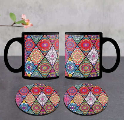 Colorful Floral Seamless Pattern Combo Mugs and Coaster(Set of 2 Mugs and 2 coasters) 330 ml Full Black Coffee Mug