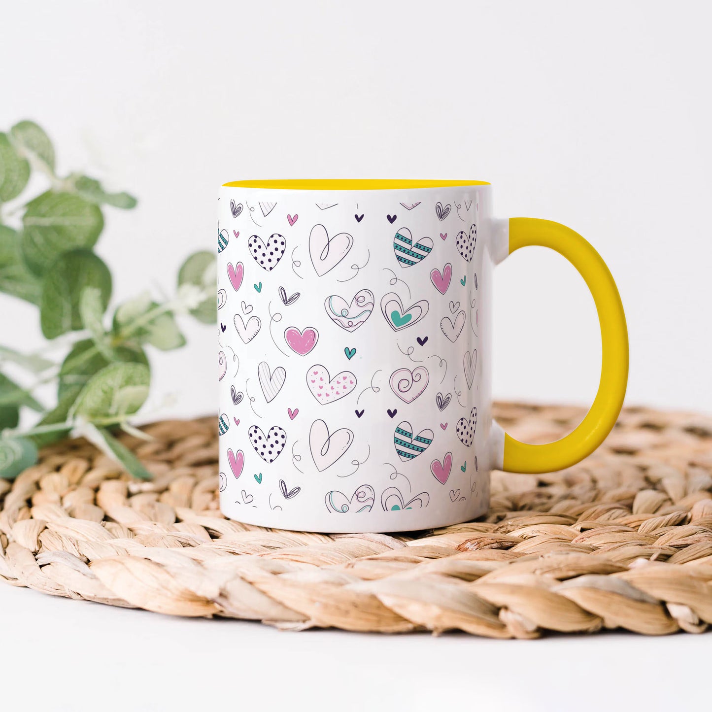 Pretty hearts pattern design Yellow Handle 330 ml Coffee Mug