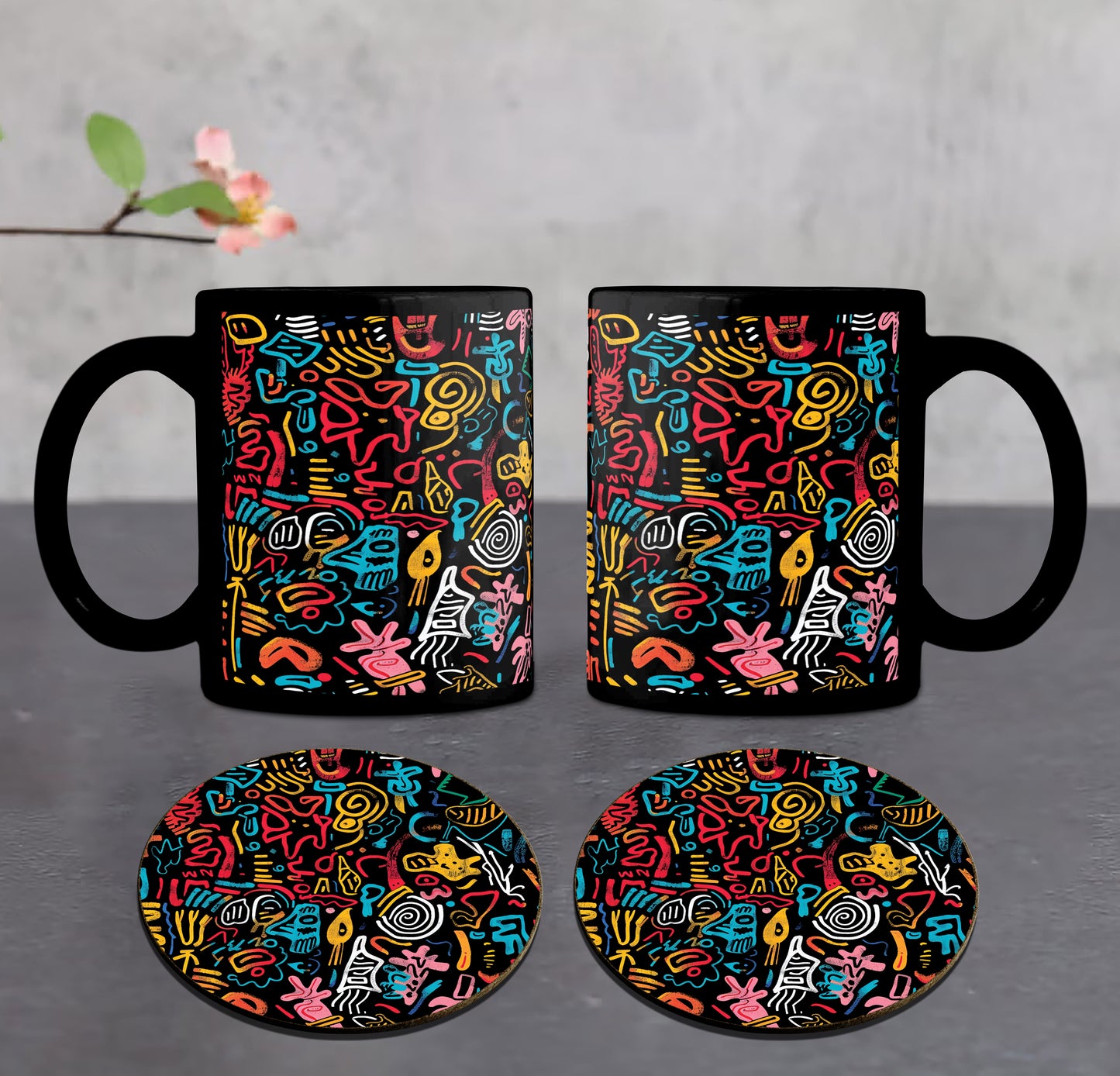Colorful Word Pattern Art Combo Mugs and Coaster(Set of 2 Mugs and 2 coasters) 330 ml Full Black Coffee Mug