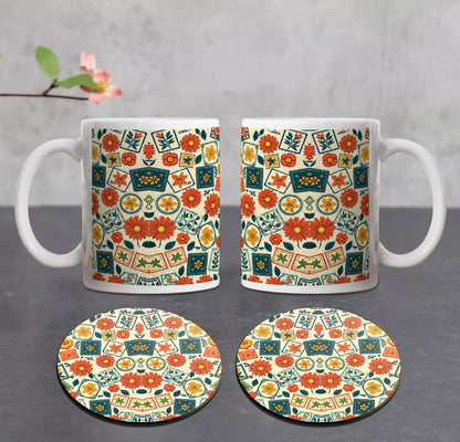 Flowers Stamps Design Combo Mugs and Coaster(Set of 2 Mugs and 2 coasters) 330 ml Coffee Mug