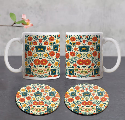 Flowers Stamps Design Combo Mugs and Coaster(Set of 2 Mugs and 2 coasters) 330 ml Coffee Mug
