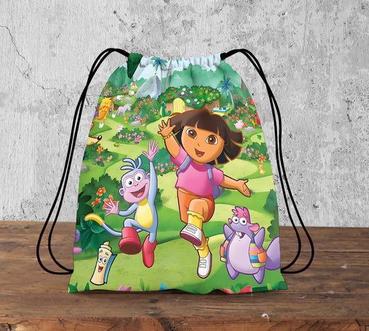 Dora The Explorer Scenery Pattern Polyester String Backpack Bags for kids for Gym, Yoga, Tuition ,Beach Bag for 4-10 year boys and girls