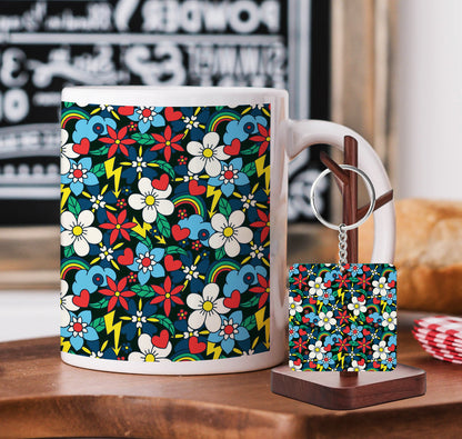 Rainbow and heart Floral Pattern Printed 330 ml White Coffee Mug with Square Shape Wooden Keyring and Chain