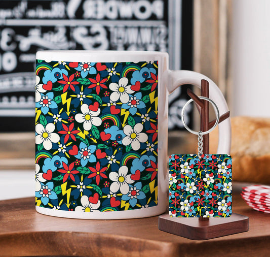 Rainbow and heart Floral Pattern Printed 330 ml White Coffee Mug with Square Shape Wooden Keyring and Chain