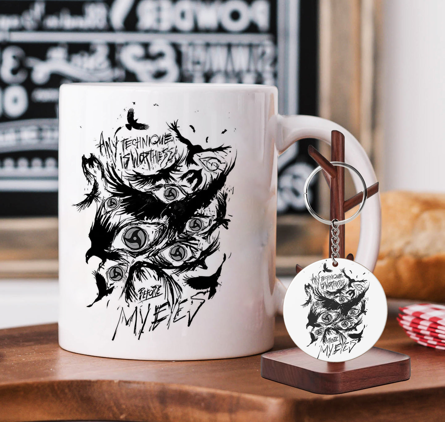 Itachi uchiha mangekyou sharingan design Mug and Keychain Combo 330 ml Coffee Mug