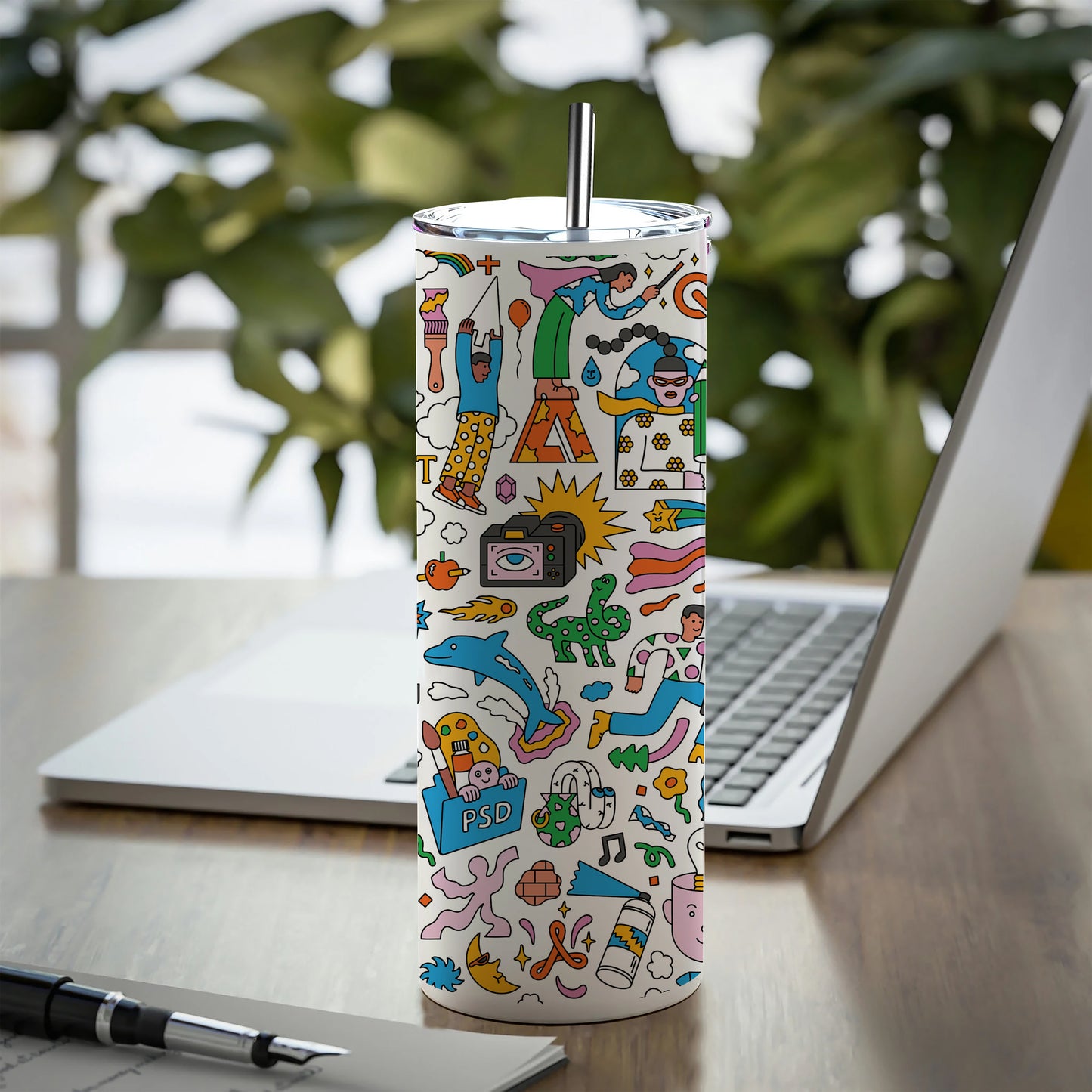Colorful Hand drawing Doodle art Printed 750ML with Lid Leak Proof Travel Tumbler with Straw