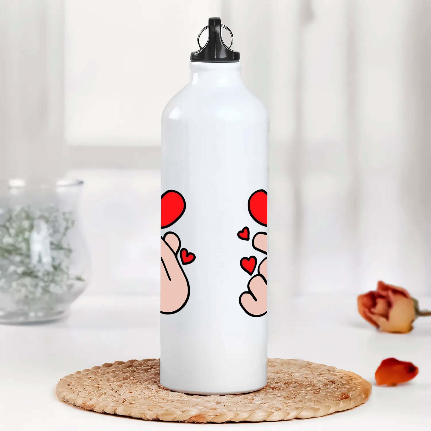 Finger With Heart Printed Aluminum Sipper Water Bottle 750 ml For Gym, Yoga, Kids, Boys, Girls, Brother, Sister, Babies, Baby, Workout, Adults
