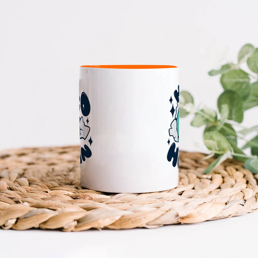 Cute Cat saying hello Human design Orange Handle 330 ml Coffee Mug