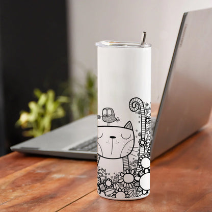 Black in white doodle art cat and birds Printed 750ML with Lid Leak Proof Travel Tumbler with Straw