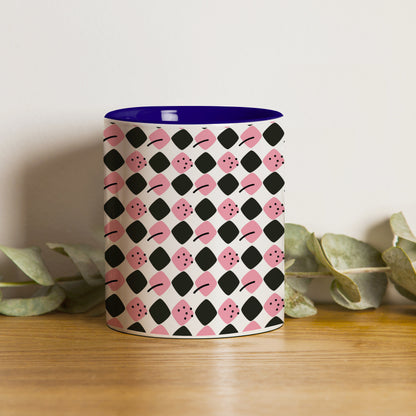 Black N Pink square vector leaves Pattern Dark Blue Handle 330 ml Coffee Mug