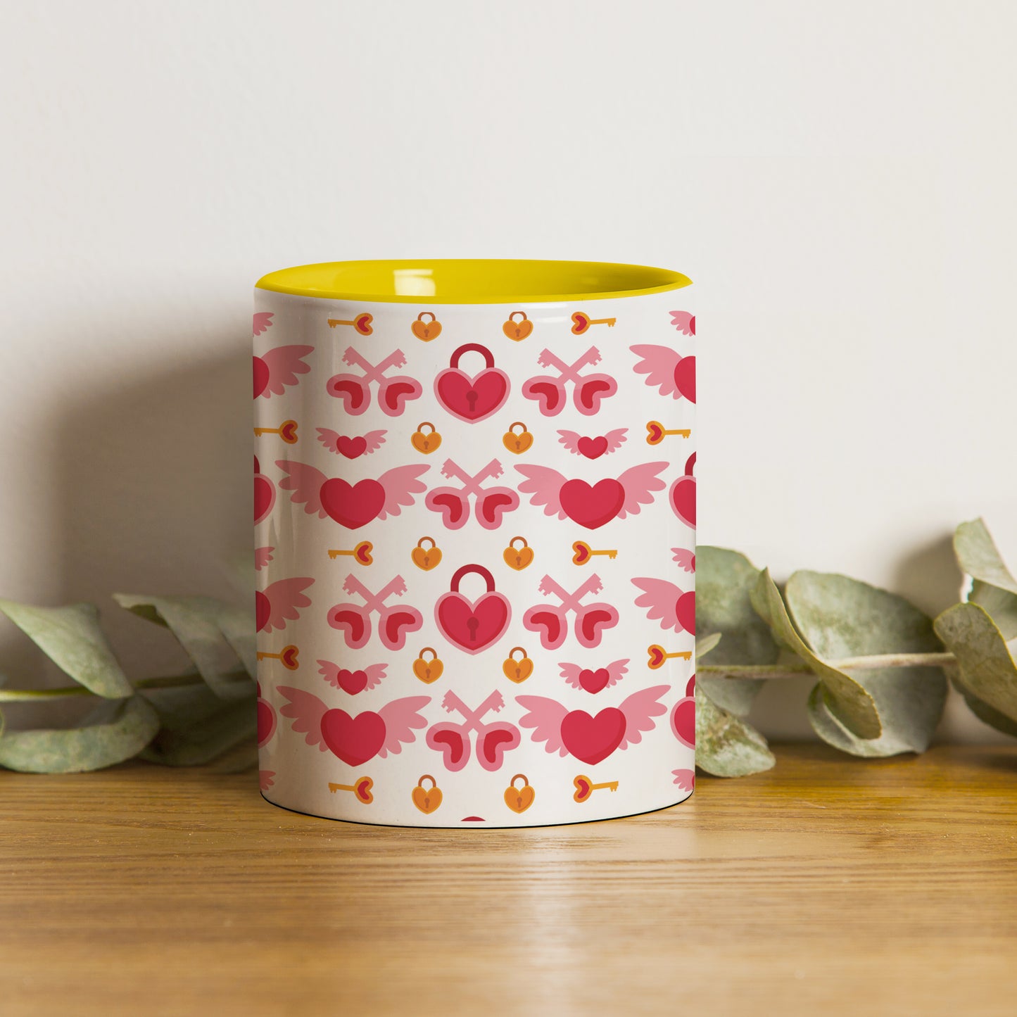 red seamless love element pattern design (2) Pattern Yellow Handle 330 ml Coffee Mug