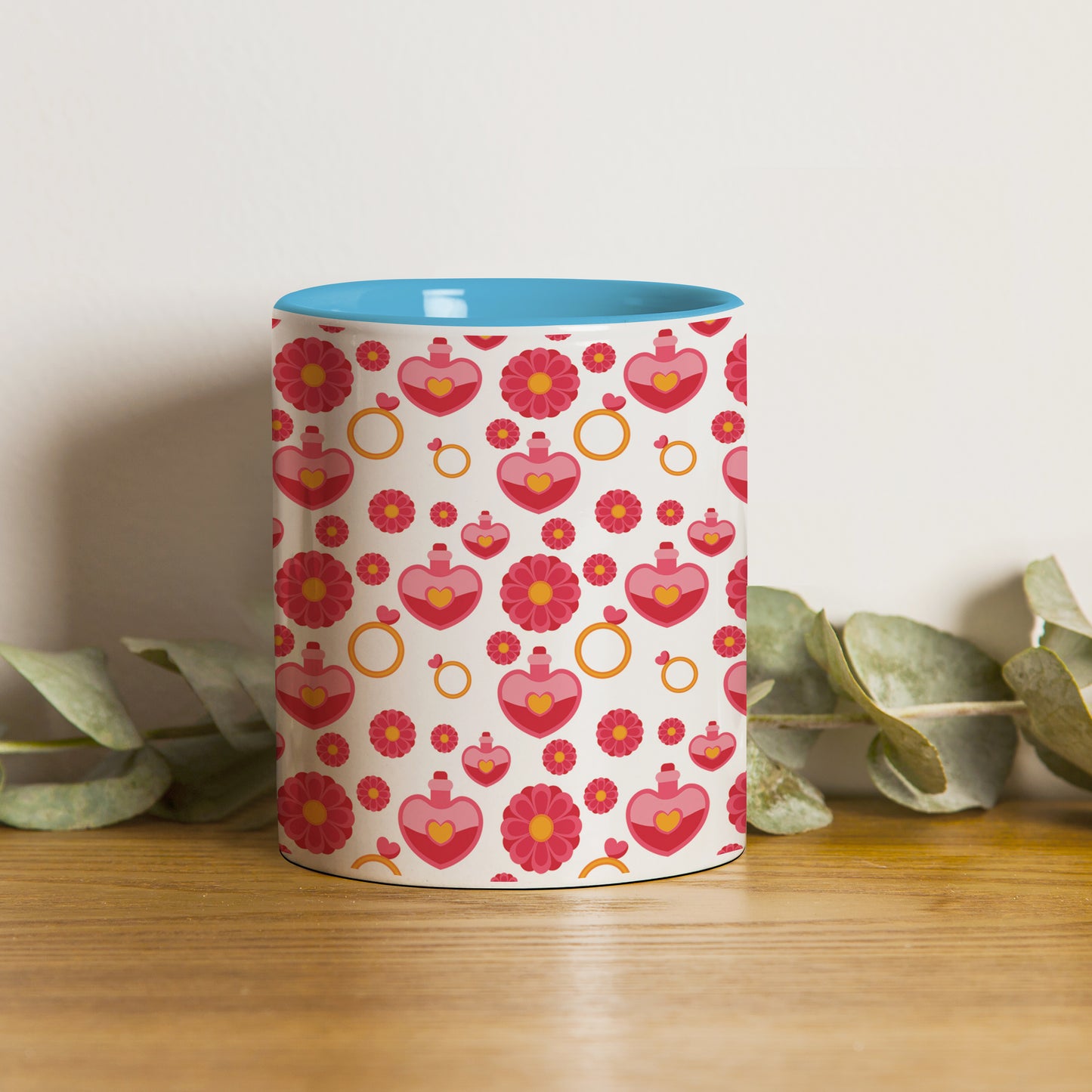 Red seamless love element design Pattern Sky Blue Handle 330 ml Coffee Mug