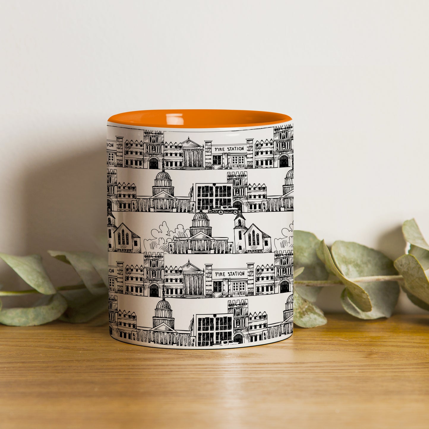Black in white hand drawing city design Orange Handle 330 ml Coffee Mug