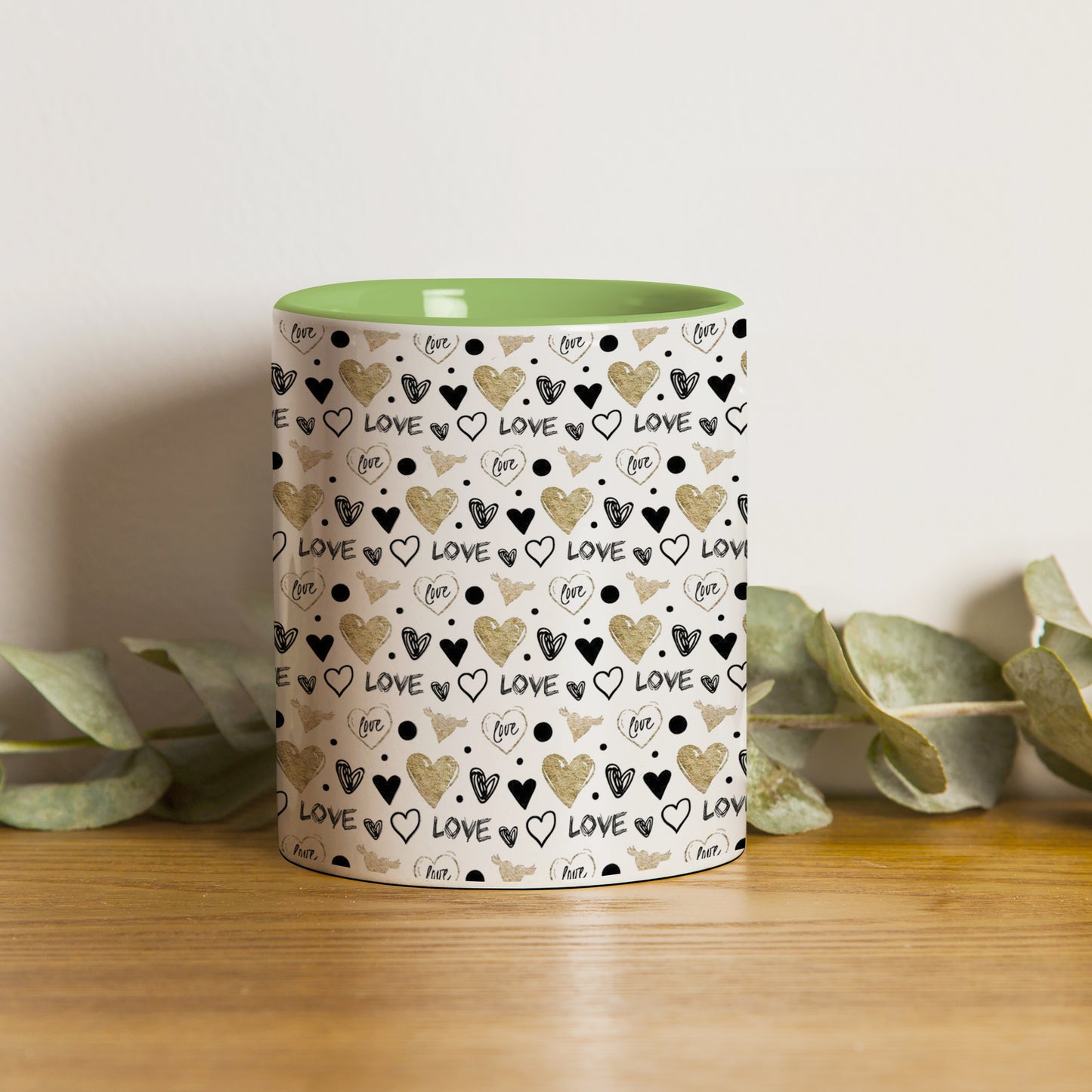 Hand drawn golden and black hearts pattern design Pattern Lite Green Handle 330 ml Coffee Mug