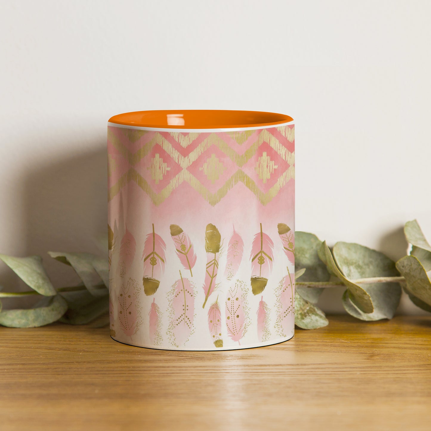 Pink plumas design Orange Handle 330 ml Coffee Mug