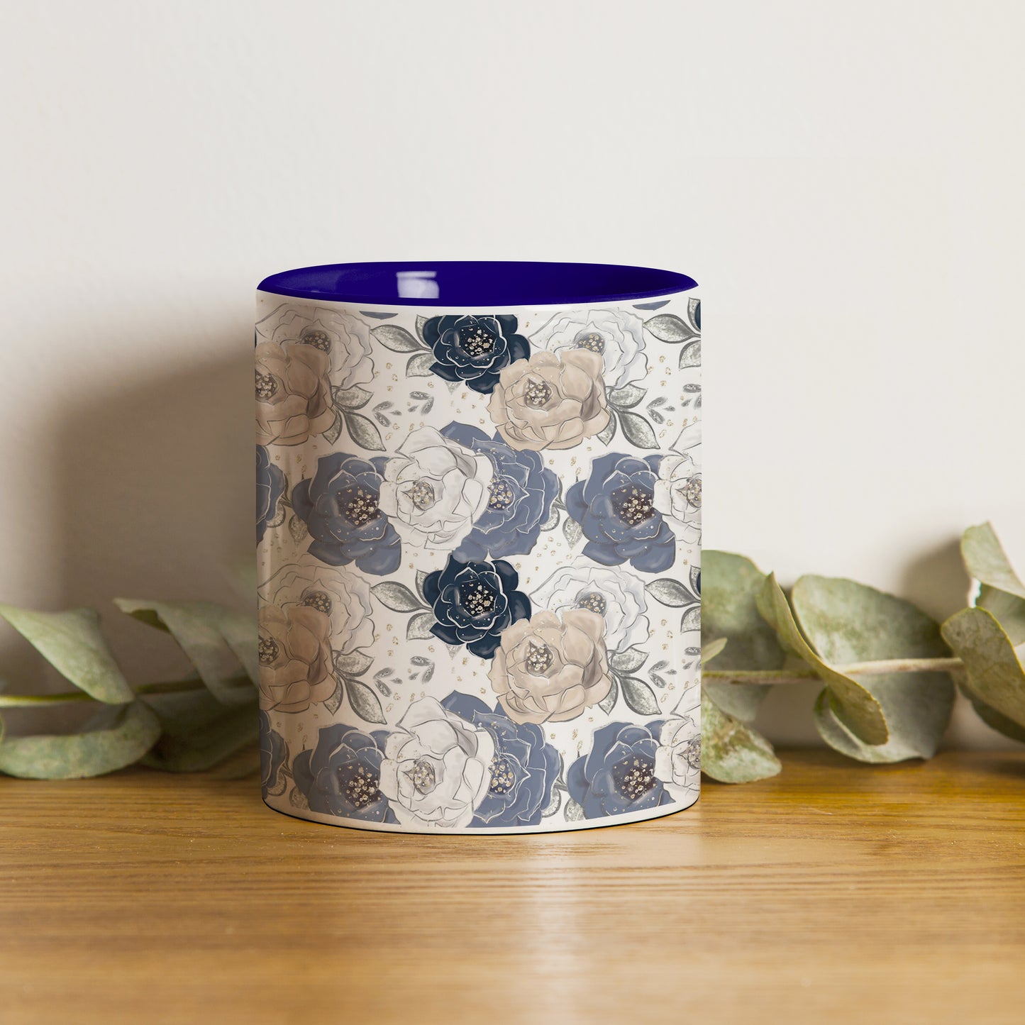 Flowers design Pattern Dark Blue Handle 330 ml Coffee Mug