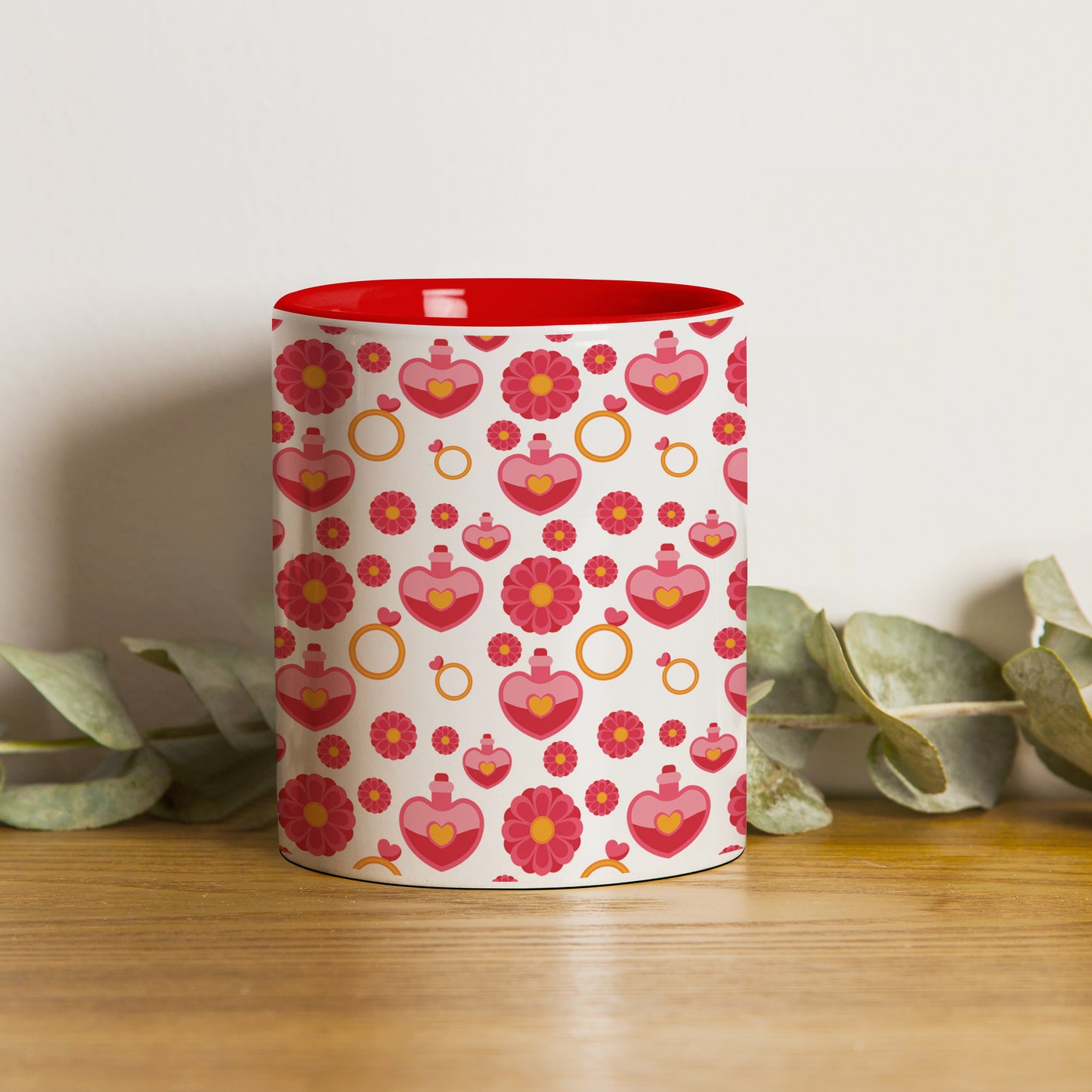 Red seamless love element pattern design Red Handle 330 ml Coffee Mug