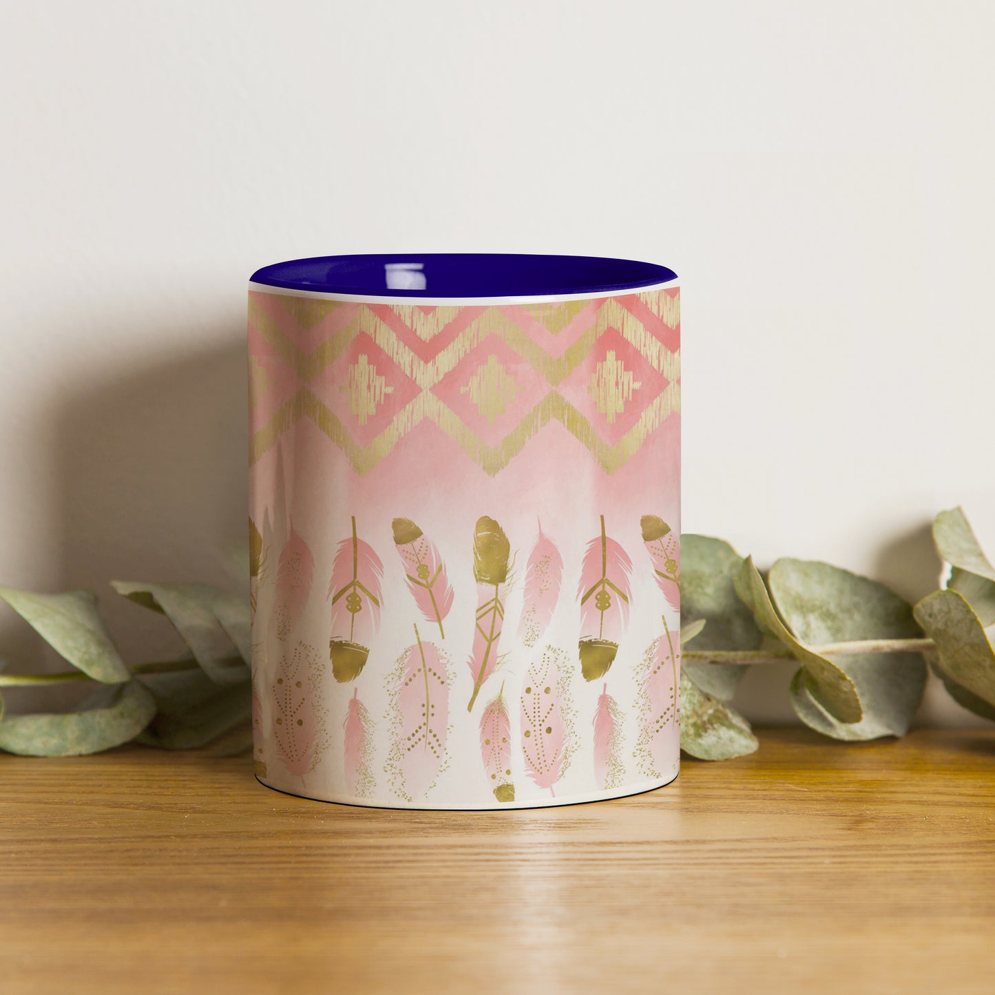 Pink plumas Pattern Dark Blue Handle 330 ml Coffee Mug