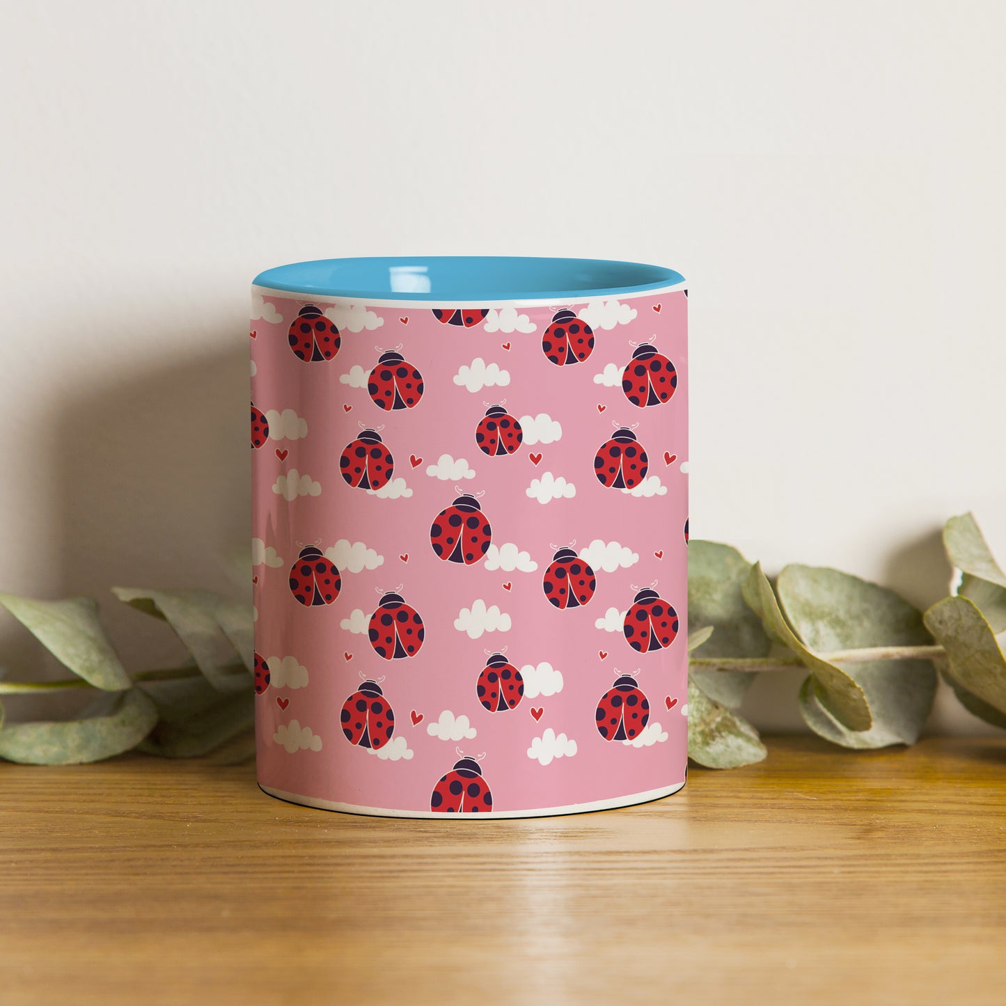 Ladybug pattern design Pattern Sky Blue Handle 330 ml Coffee Mug