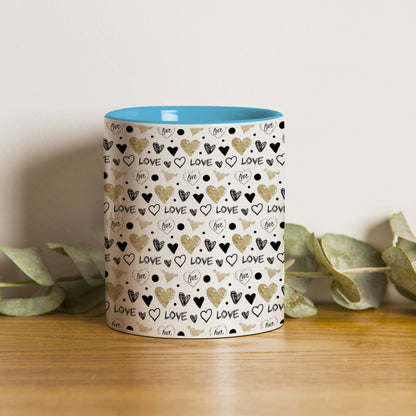 Hand drawn golden and black hearts design Pattern Sky Blue Handle 330 ml Coffee Mug