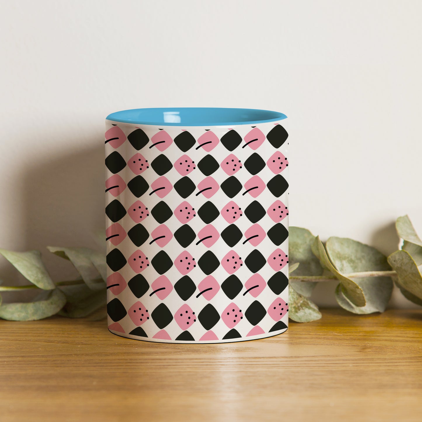 Black N Pink square vector leaves Pattern Sky Blue Handle 330 ml Coffee Mug