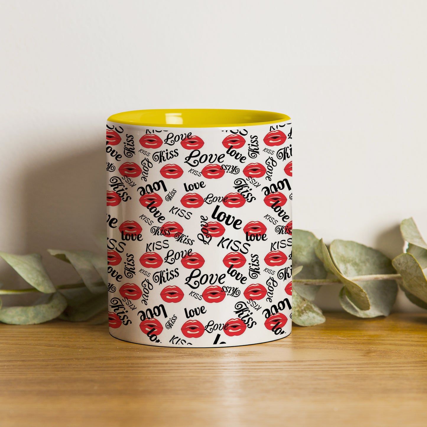 red kissing lips vector Pattern design Pattern Yellow Handle 330 ml Coffee Mug
