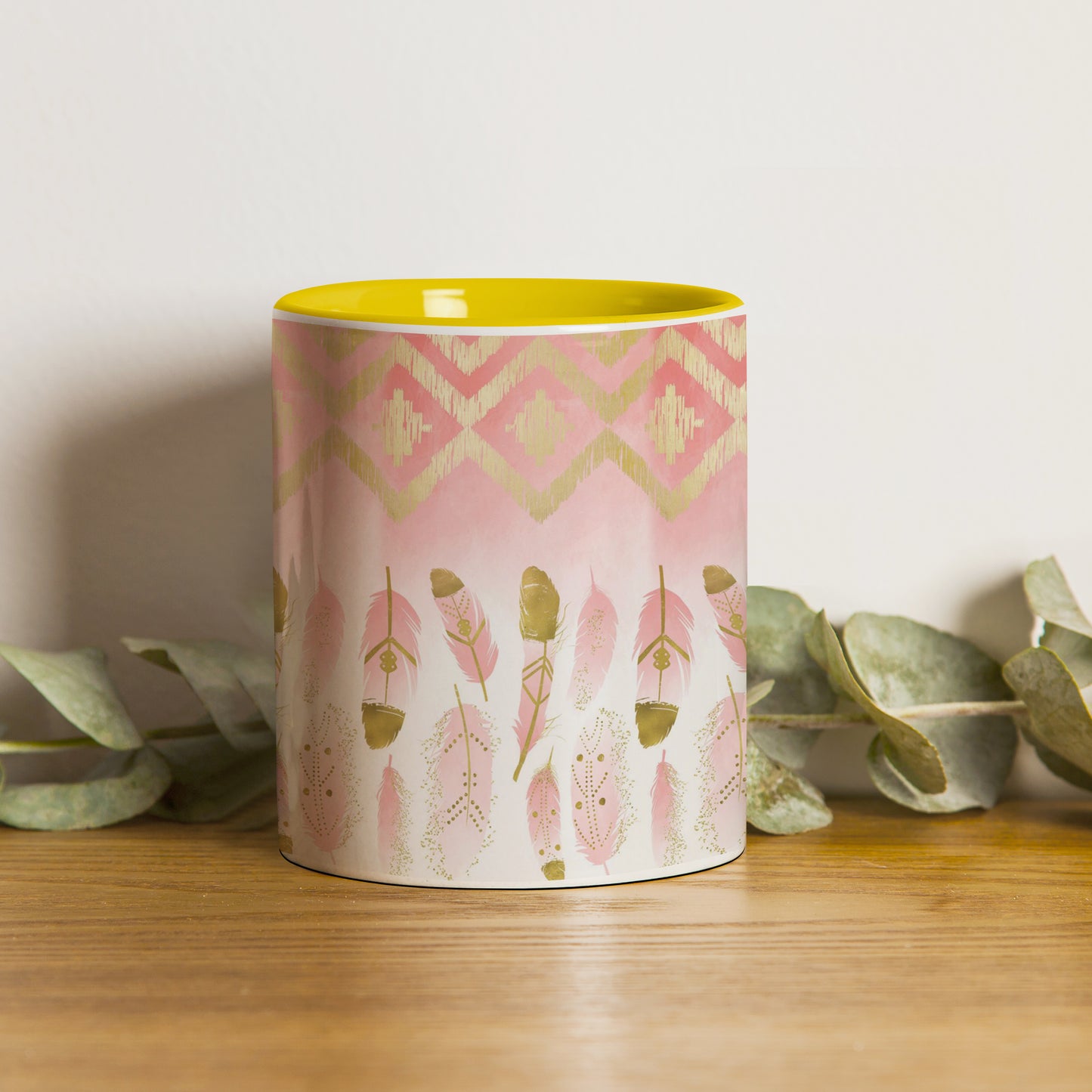 pink plumas design Pattern Yellow Handle 330 ml Coffee Mug