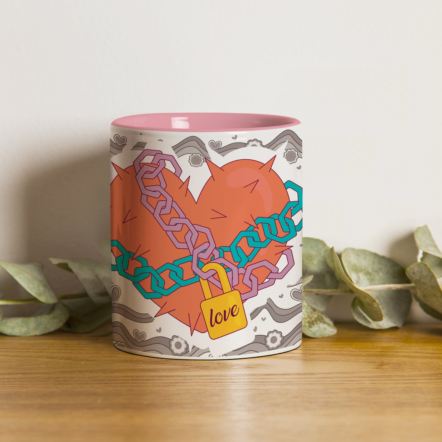Love chain Pattern Lite Pink Handle 330 ml Coffee Mug