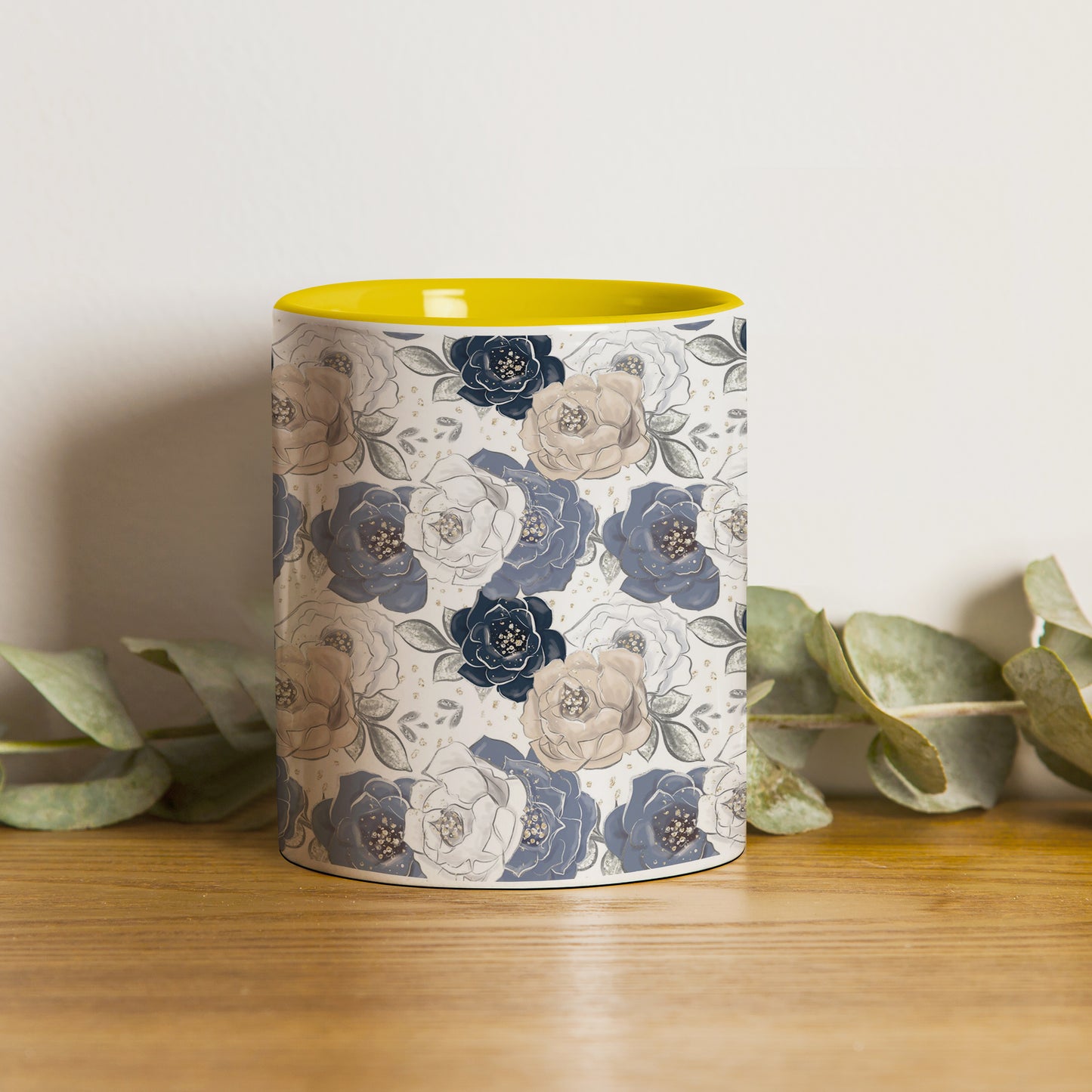 flowers design Pattern Yellow Handle 330 ml Coffee Mug