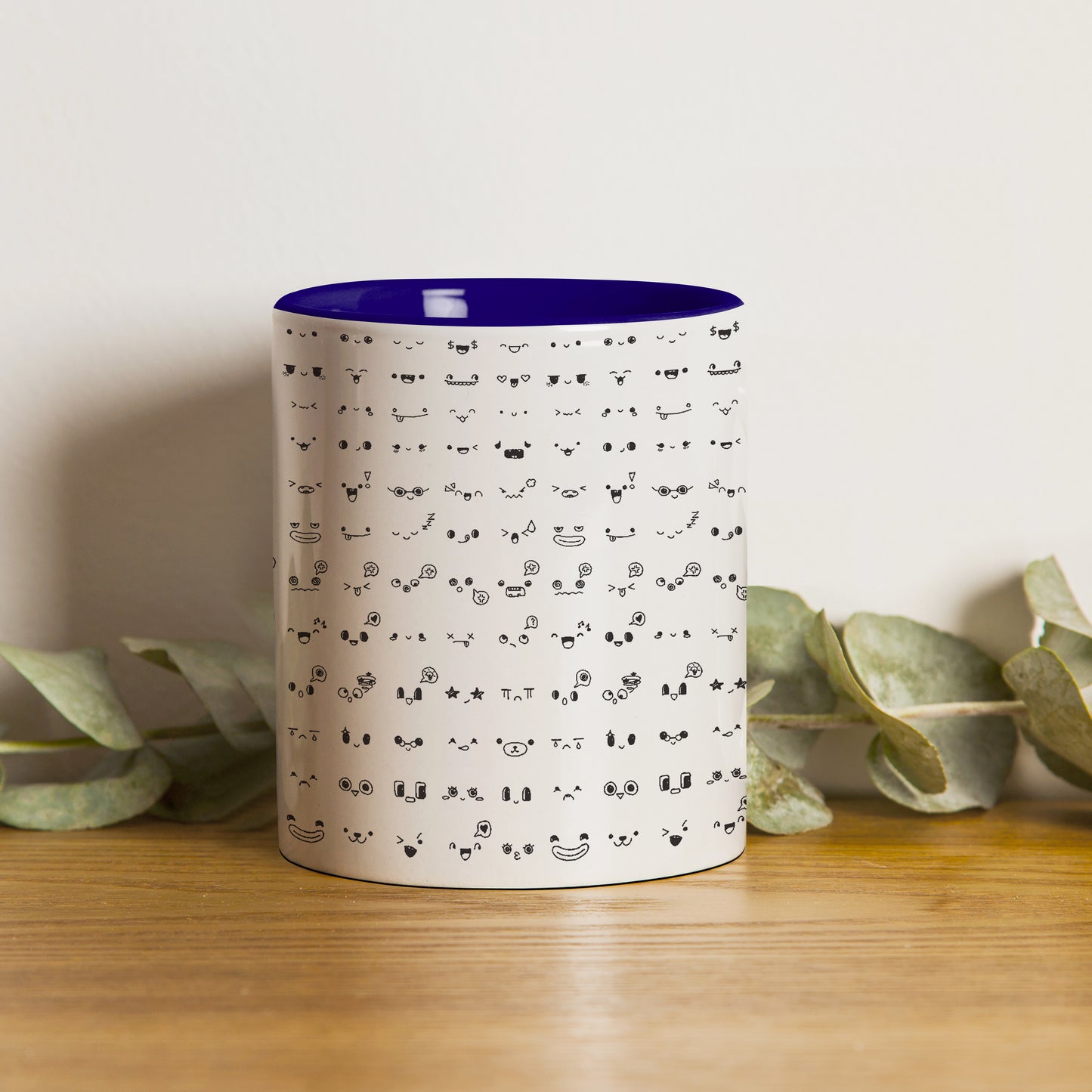 kawaii faces doodle art design Pattern Dark Blue Handle 330 ml Coffee Mug