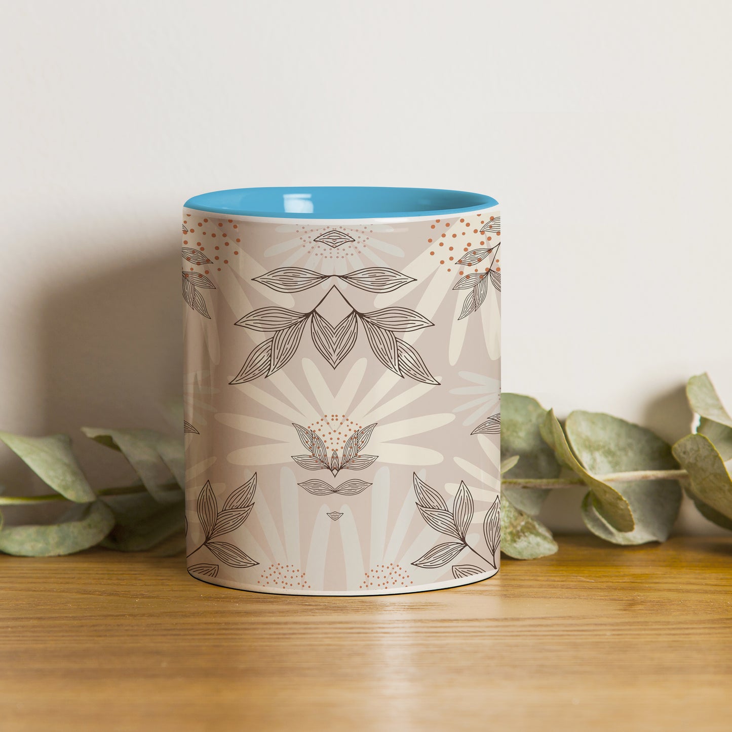 Abstract leaves and dots design Pattern Sky Blue Handle 330 ml Coffee Mug