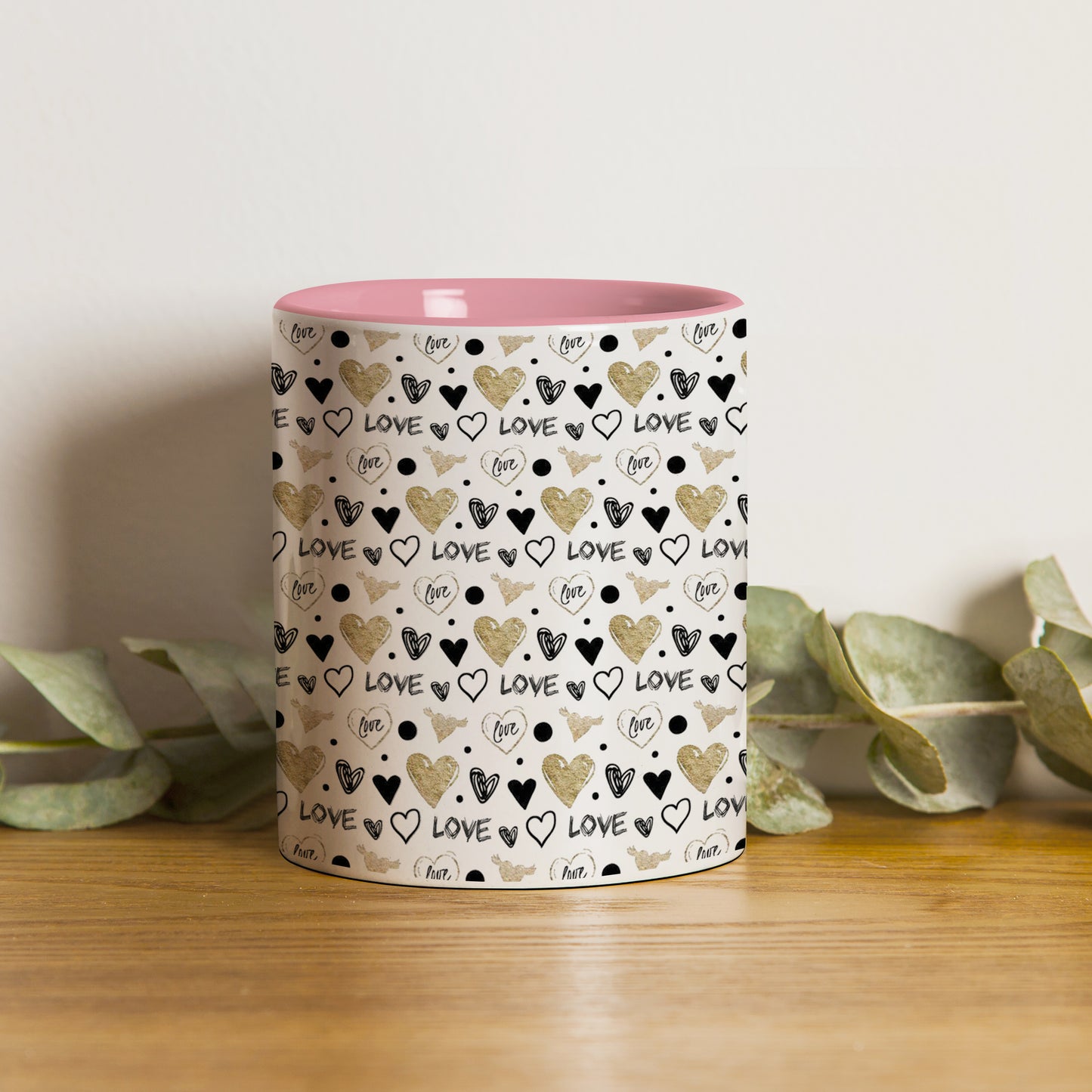 Hand drawn golden and black hearts design Pattern Lite Pink Handle 330 ml Coffee Mug
